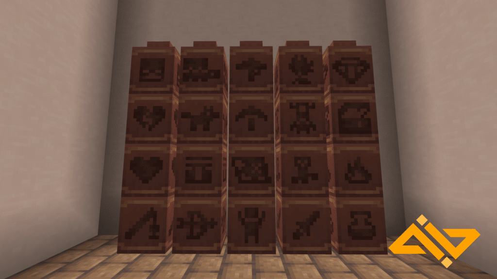 20 decorated pots in Minecraft 1.20 in front of a white terracotta wall with mud bricks as the floor