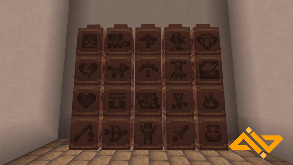 20 Pots Décorés Dans Minecraft 1.20 Devant Un Mur En Terre Cuite Blanche Avec Des Briques De Boue Comme Sol