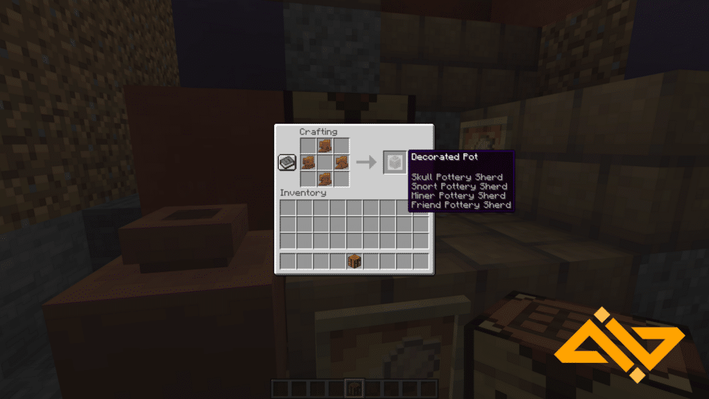 The Minecraft crafting bench UI showing four pottery shards in a rhombus shape which makes a decorated pot