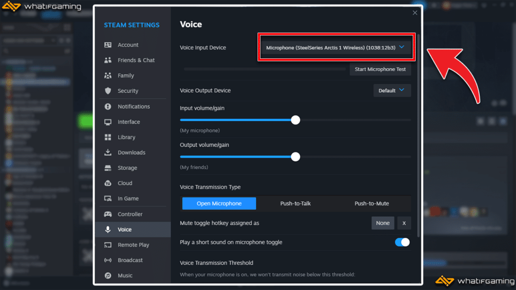 Setting headset as default input device on Steam.
