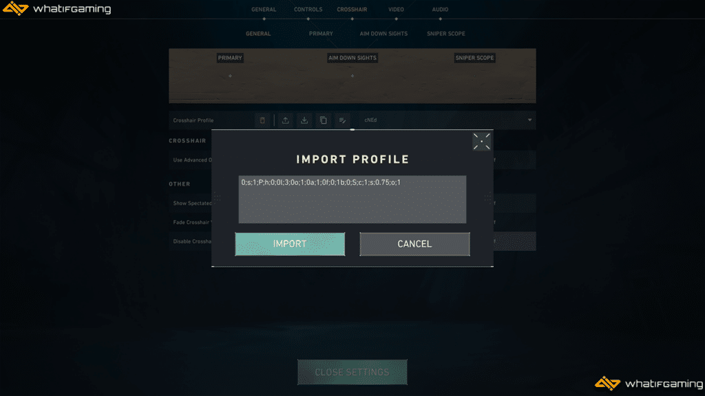 Importing a crosshair code in Valorant.