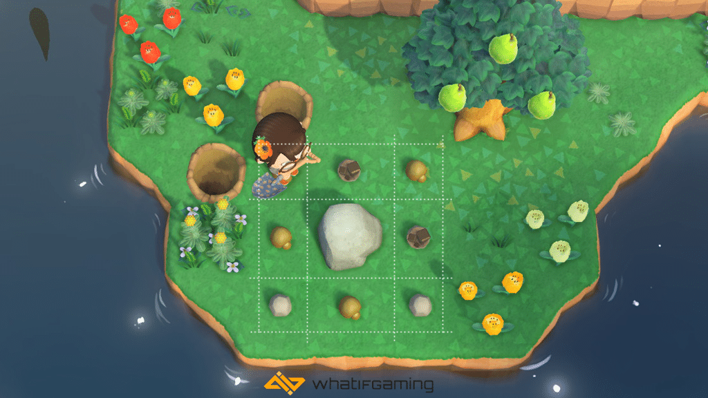 The grid lines show where to stand to do the rock trick in Animal Crossing