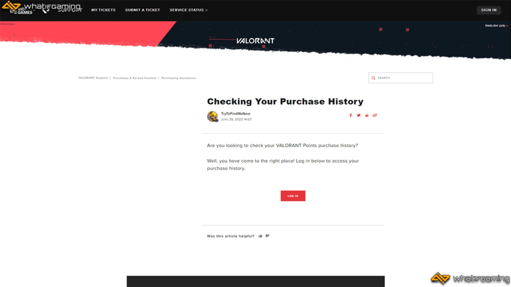 The Valorant purchase history support page.