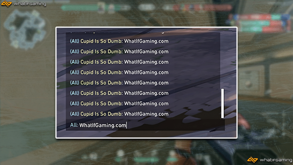 A photo showing a player sending WhatifGaming.com to all chat.