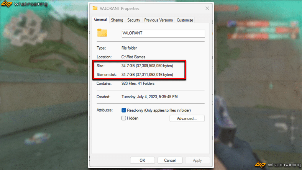 A photo showing the current Valorant file size.