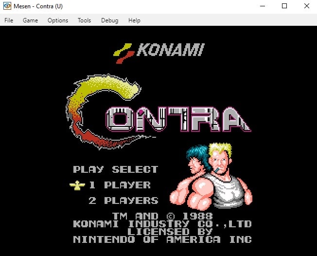 The original Contra, running on Mesen, a NES emulator.