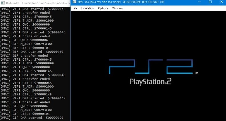 DobieStation, an experimental PS2 emulator with its default screen and console.