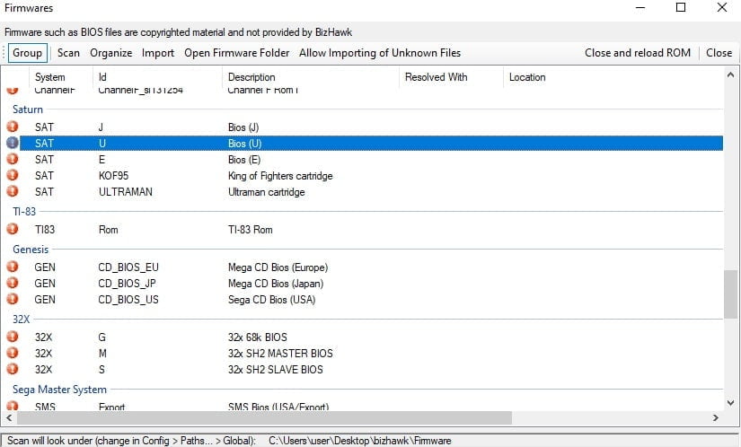 BizHawk は、ファームウェア/BIOS をロードしていない場合にプロンプ​​トを表示します。