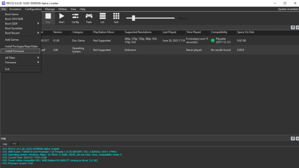 Installing firmware in RPSC3. The emulator comes with a dark skin.