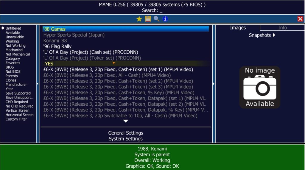 MAME, a multiple machine emulator, with its default GUI.