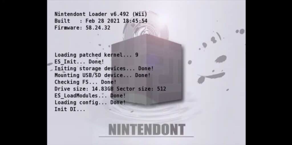 Nintendont loading on the Nintendo Wii, allowing users to play GameCube titles.