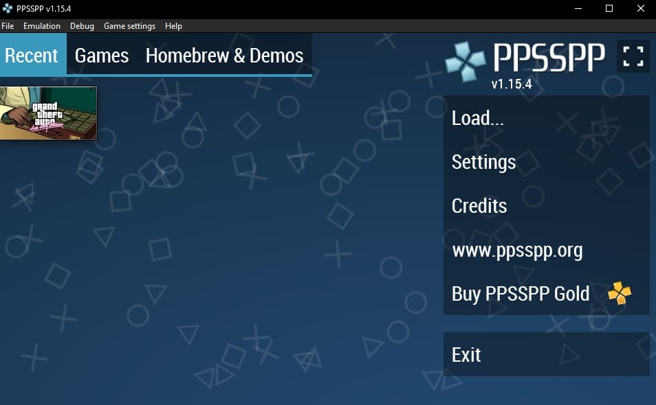 PPSSPP, an emulator, with its default screen and an available game.