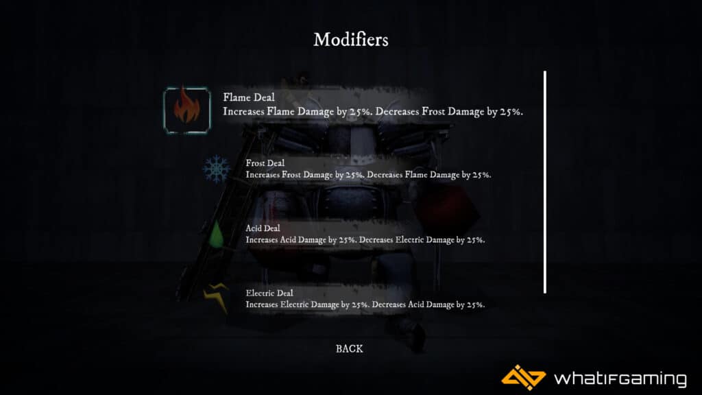 Modifiers screen