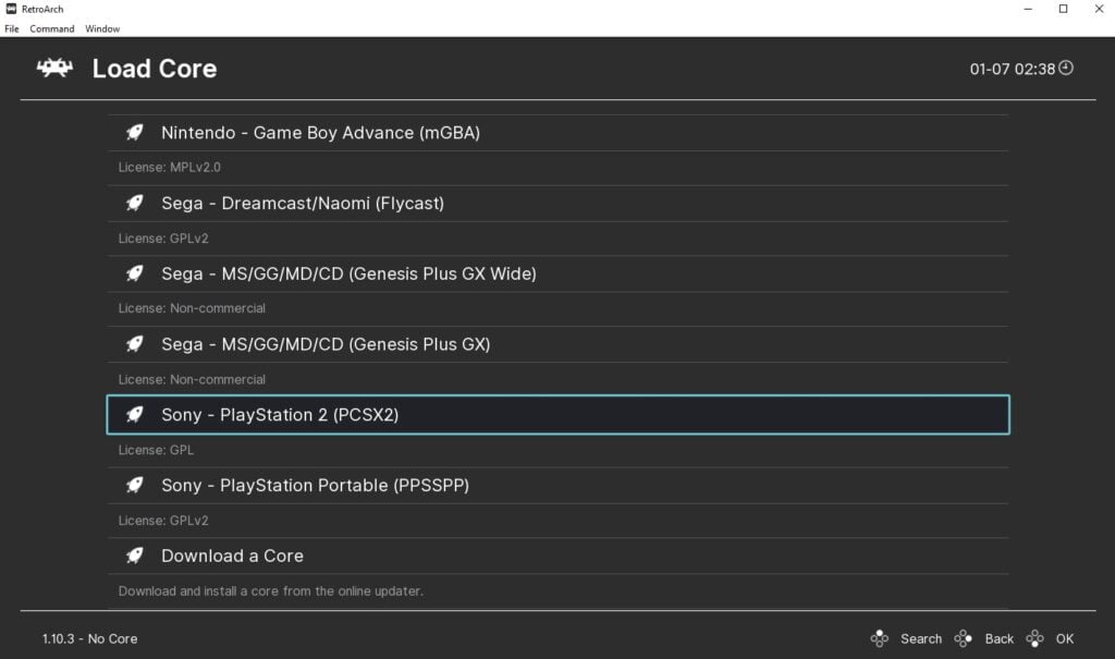 RetroArch, a multiple-system emulator, showing the PCSX2 core for the PlayStation 2.