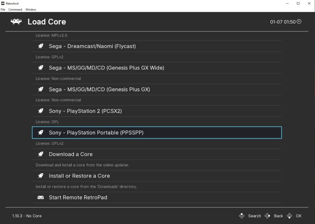 RetroArch emulator, highlighting the PPSSPP core for the PlayStation Portable.