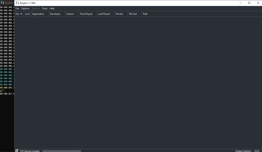 Ryujinx, a Switch emulator with its default window and console.