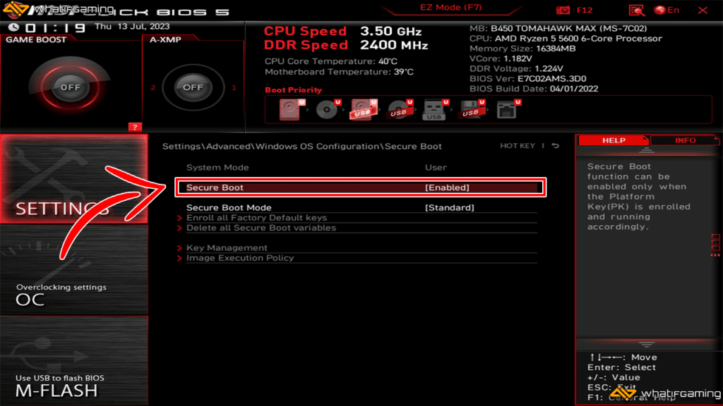 Enabling Secure Boot in the MSI Bios.