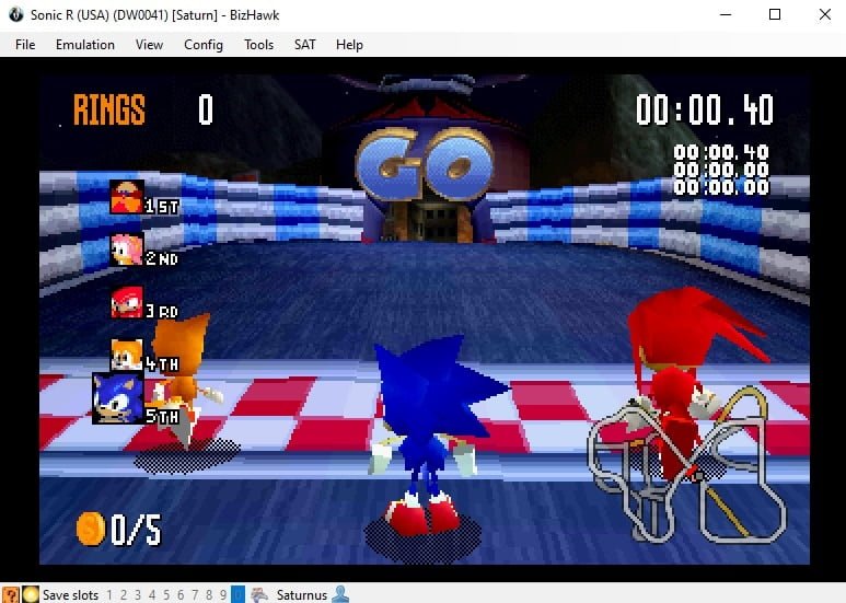 Sonic Racer, a Sega Saturn game, running on BizHawk.