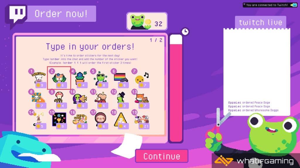 Twitch Viewer Order Screen: Selecting one sticker
