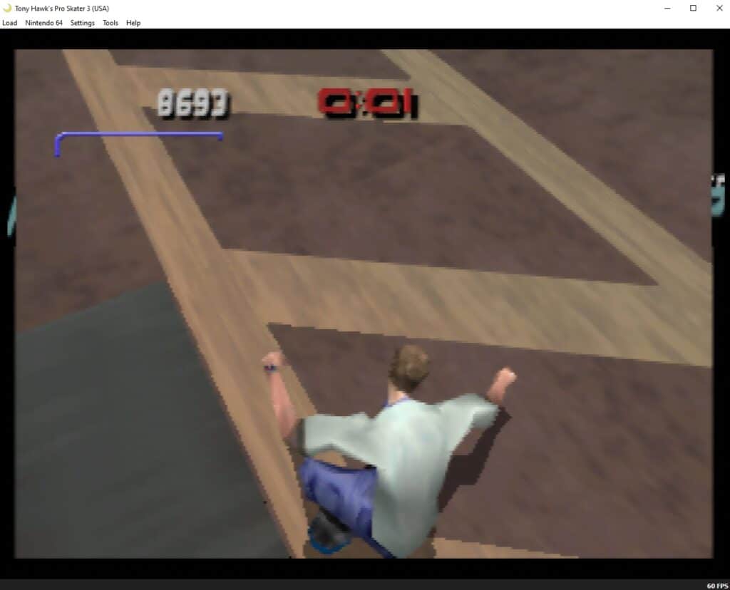 Tony Hawk's Pro Skater 3, the Nintendo 64 version, running on Ares.