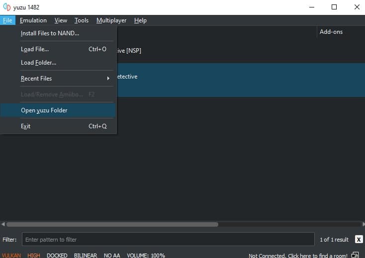 Yuzu, a Switch emulator, showing its main screen and File drop down menu.