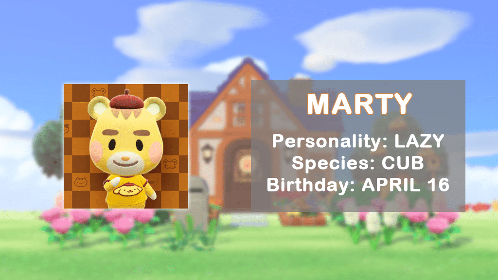 A profile of Marty, a Sanrio Animal Crossing villager.