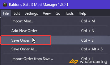 File > Save Order