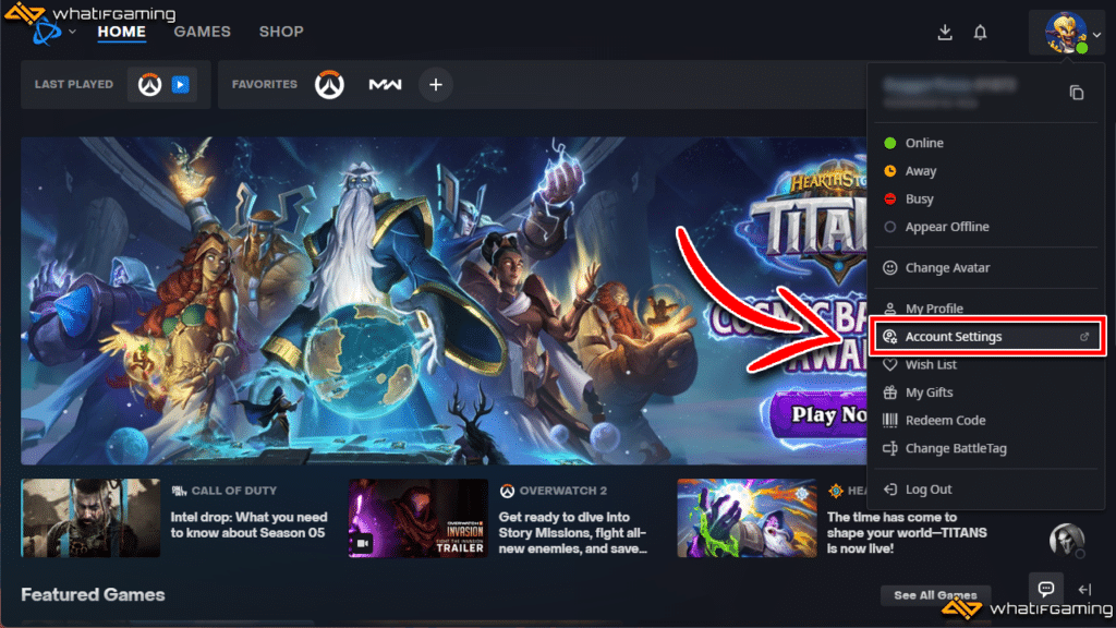 Selecting Account Settings from the BattleNet Launcher.