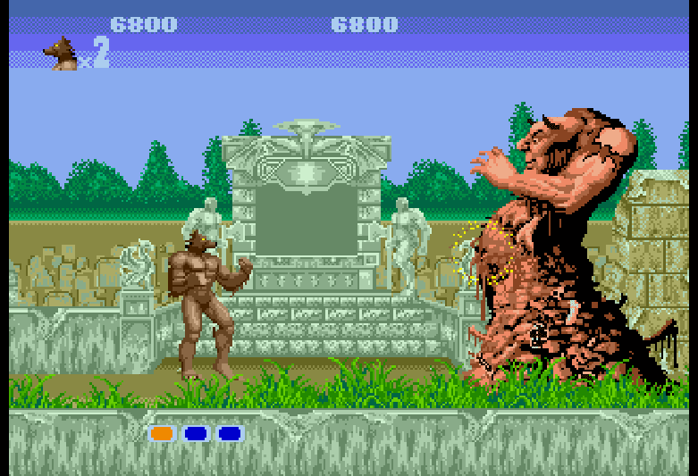 The main character of Altered Beast in beast form, facing the first boss.