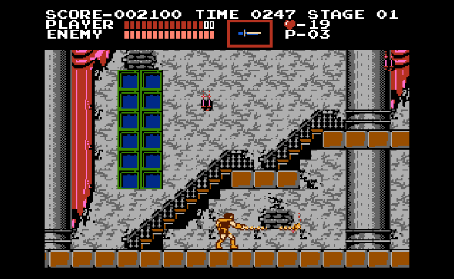 Simon swinging his upgraded whip in the NES Castlevania.