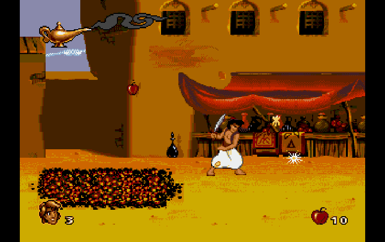 Aladdin throwing an apple in Disney's Aladdin.