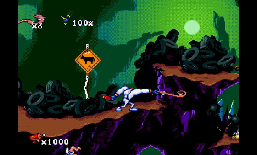 Earthworm Jim whipping a rock in the eponymous title for the Sega Genesis.