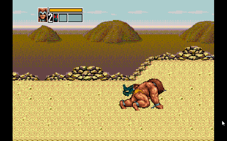 Proud Cragger, the strongest of the characters in Golden Axe III, tossing an enemy to the ground.