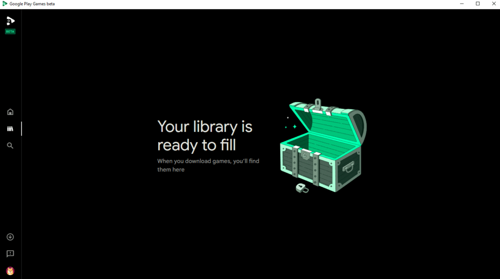 Google Play Games, running on Windows, showing an empty library of games.