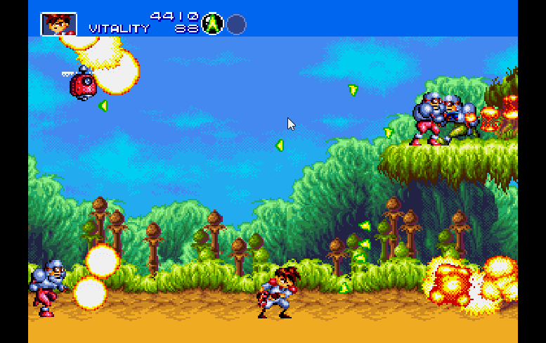 Red shooting homing missiles in Gunstar Heroes, a Sega Genesis game.