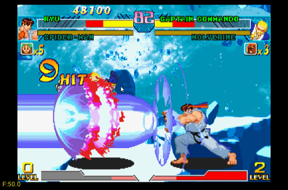Ryu firing his signature Shinku Hadouken in one of the most popular arcade and Dreamcast titles, Marvel Vs Capcom.