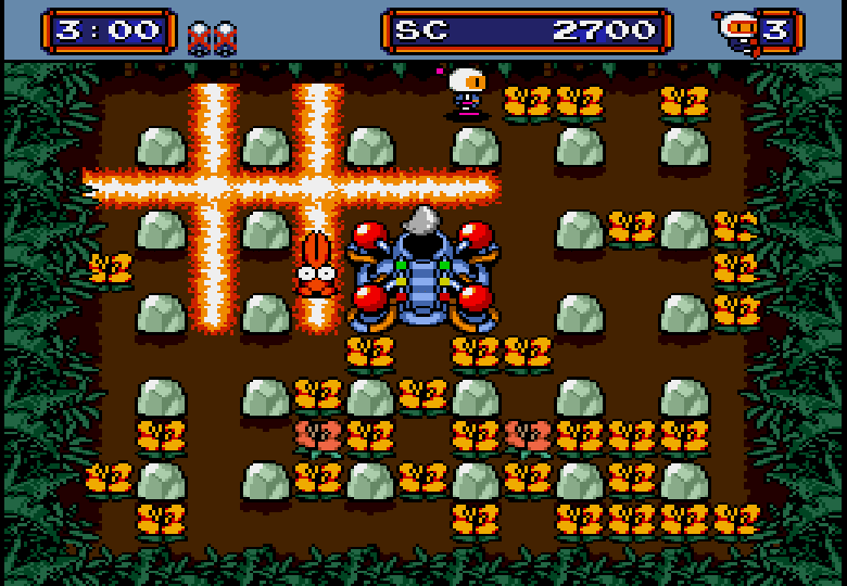 Setting off two bombs in chain in Mega Bomberman for the Sega Genesis.