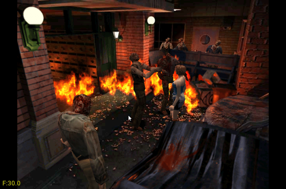 Jill Valentine surrounded by zombies at the start of Resident Evil 3: Nemesis.