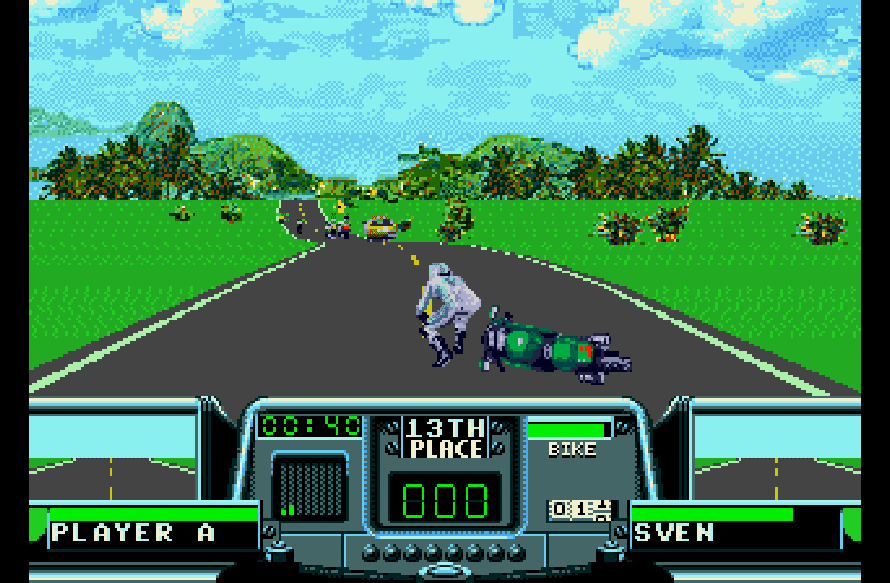 Crashing is common in Road Rash 3, a Sega Genesis title, which features literally beating opponents while racing on a motorbike.
