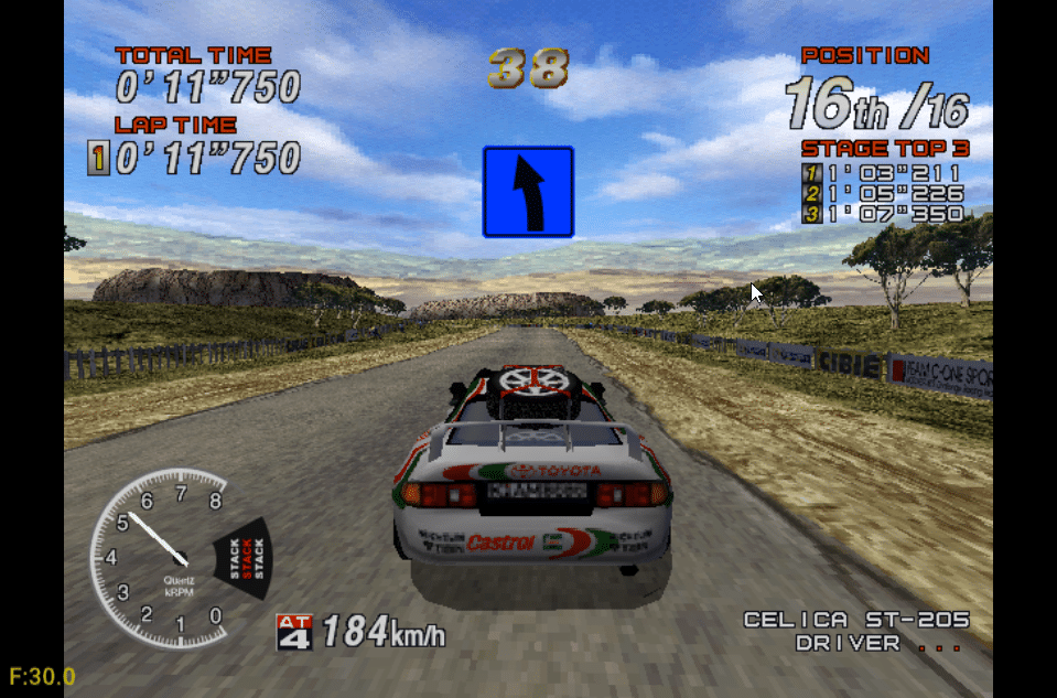Sega Rally 2 is a great rally game. On screen is the famous Toyota Celica, frequently used in rally races in the late 1980s.