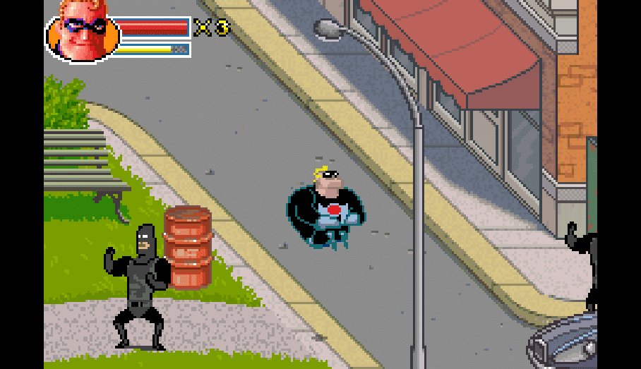 Mr. Incredible doing a front flip in The Incredibles for the GBA.