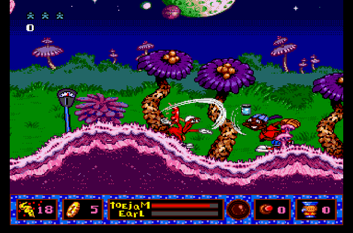 ToeJam throwing a jar at an earthling in ToeJam & Earl in Panic on Funkotron, a Sega Genesis title.