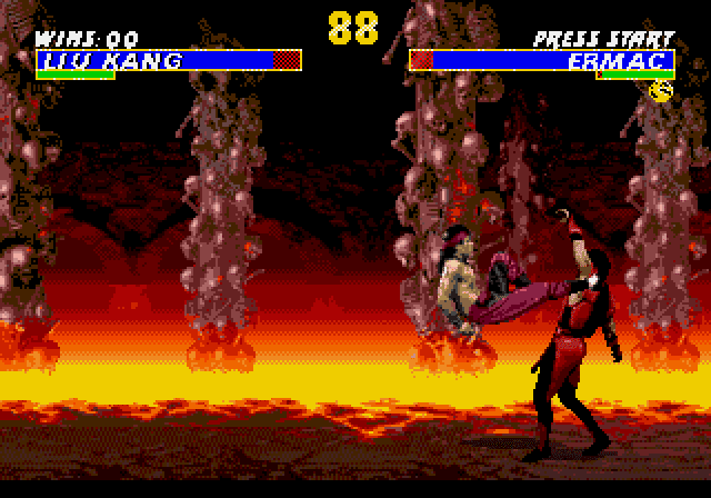 Liu Kang using his iconic flying kick on Ermac in Ultimate Mortal Kombat 3 for the Sega Genesis.