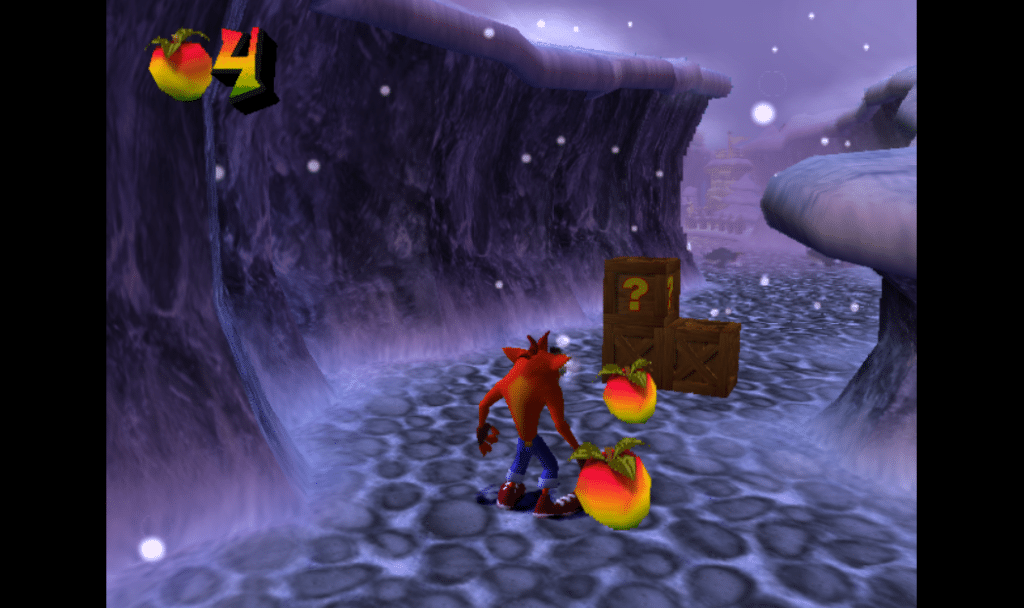 Crash with his iconic fruit and crates in Wrath of Cortex, a PS2 masterpiece.