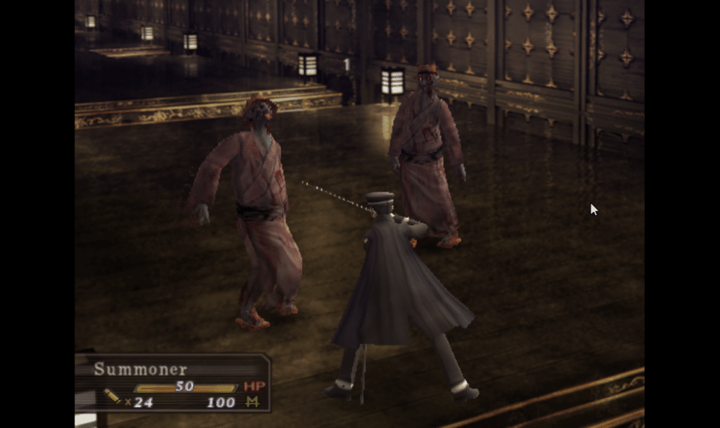 Battling the first enemies in Raidou Kuzunoha vs the Soulless Army, a Devil Summoner game.
