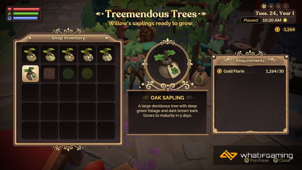 Willow Tremendous Trees merchant menu screen