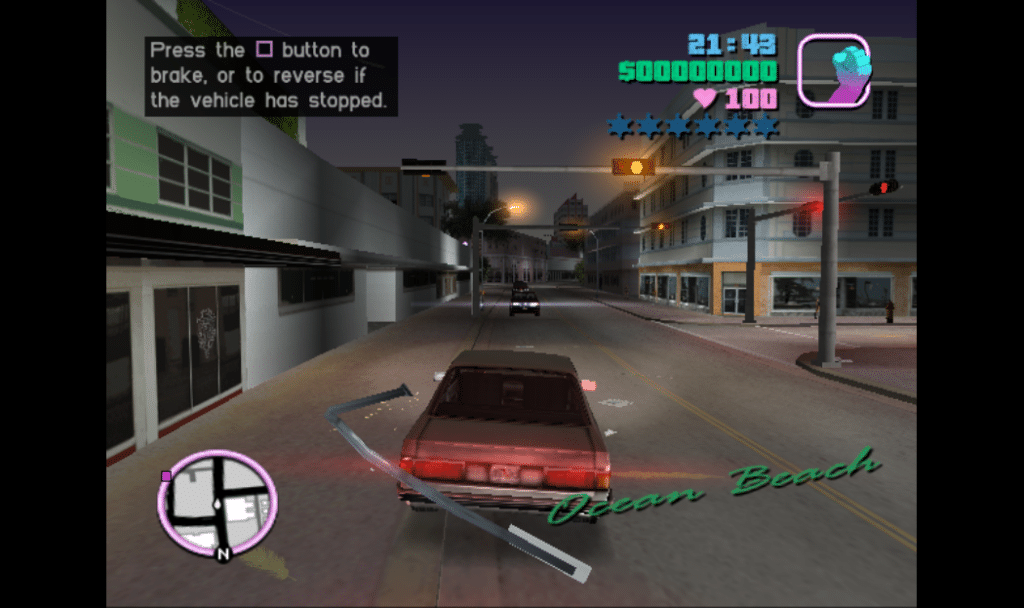 The classic Vice City introduction drive back to the hotel gameplay moment.