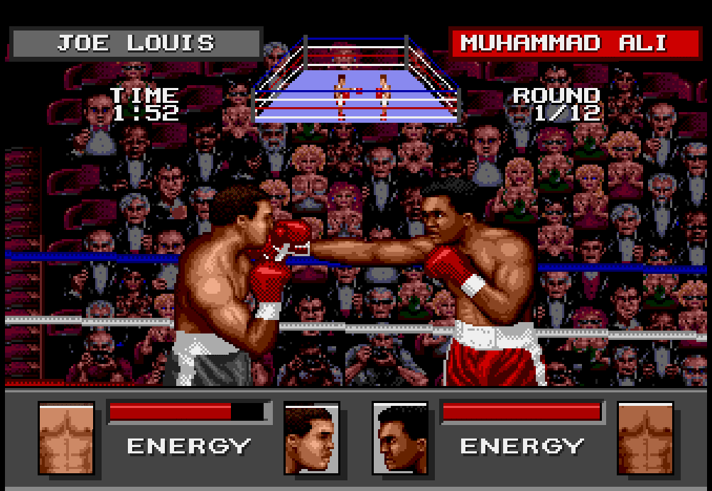 Joe Louis battling Muhammad Ali in Greatest Heavyweights on the Sega Genesis.