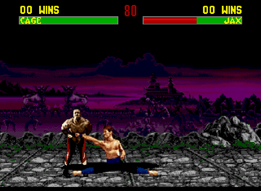 The classic Johnny Cage split punch, inspired by Jean Claude Van Damme, in Mortal Kombat II.