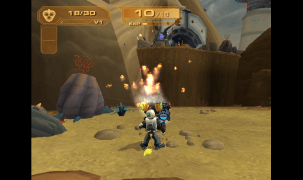 Ratchet using the blitz gun in Up Your Arsenal, a great PS2 game.